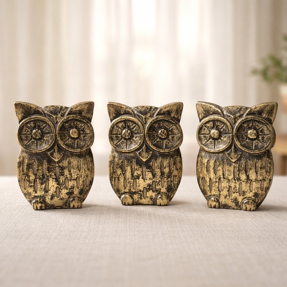 Lot Set of 3 Wooden Hand Carved 3D Owl Figurine Bird 5" Statue art Gold metallic